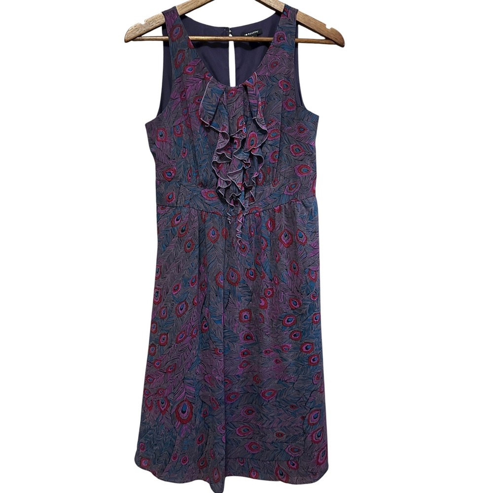 I Heart Ronson Womens Medium Dress Sleeveless Peacock Ruffle Gray‎ Purple